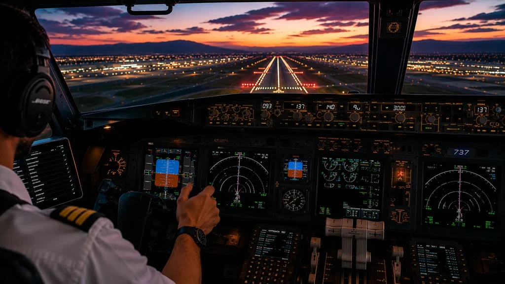 Cabina de Boeing 737 durante una aproximación final al atardecer