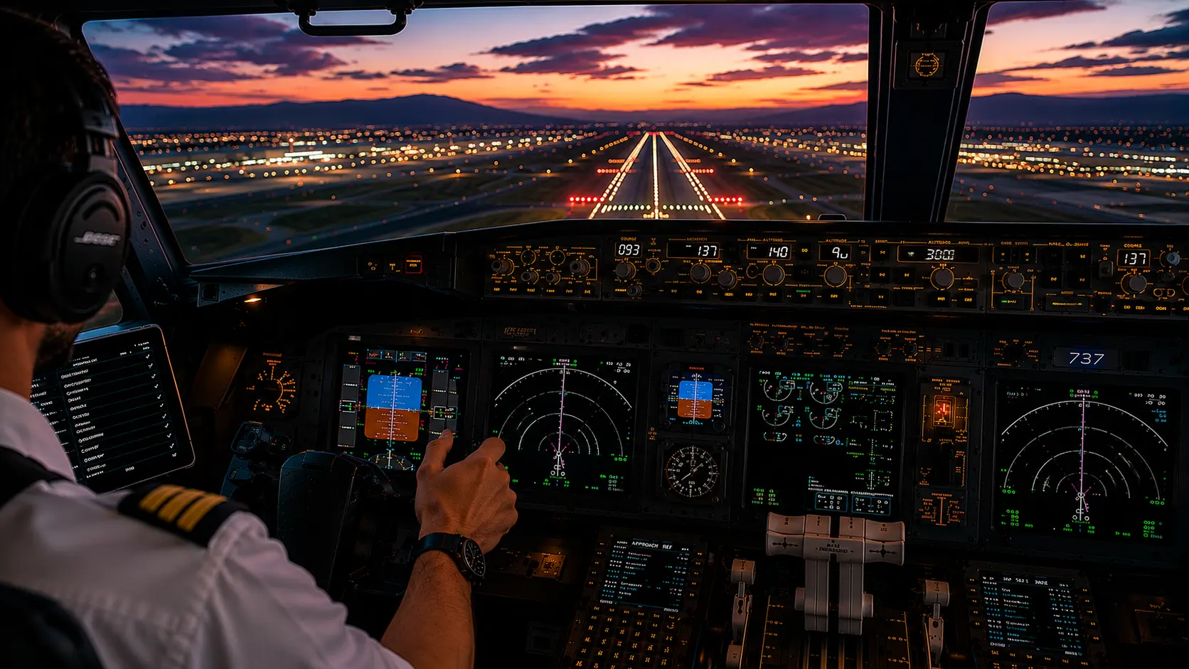 Cabina de Boeing 737 durante una aproximación final al atardecer