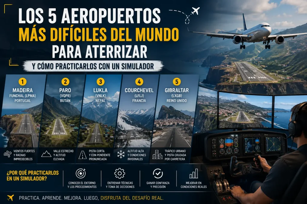 Los aeropuertos más difíciles del mundo para aterrizar y cómo practicarlos con un simulador de vuelo profesional.