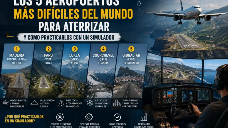 Los aeropuertos más difíciles del mundo para aterrizar y cómo practicarlos con un simulador de vuelo profesional.
