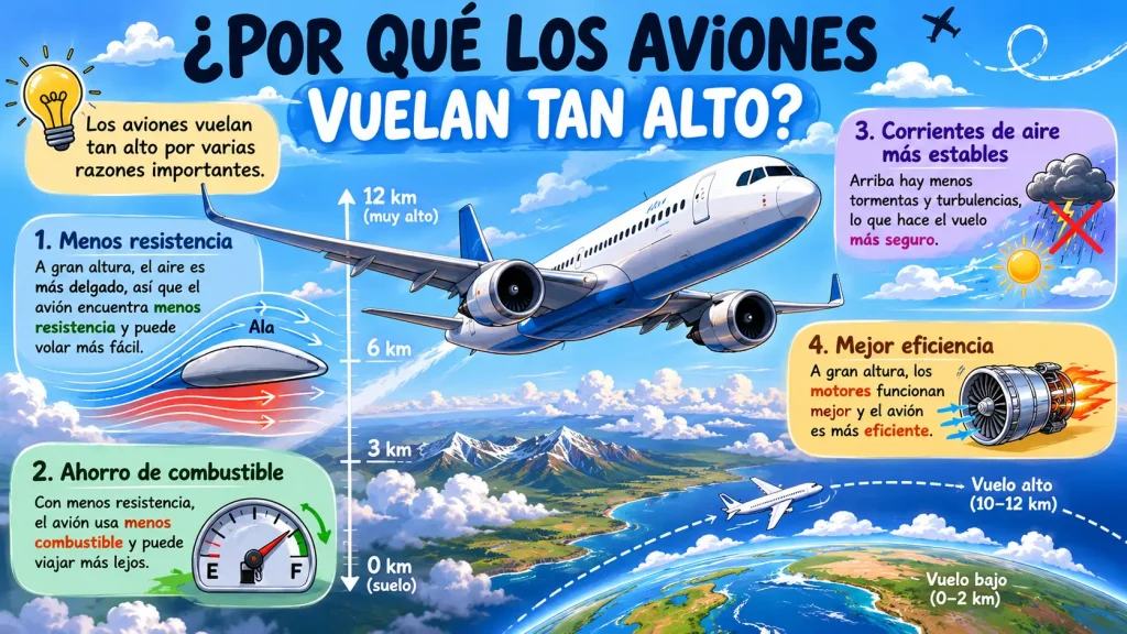 Avión comercial volando a gran altitud sobre las nubes — por qué los aviones vuelan tan alto
