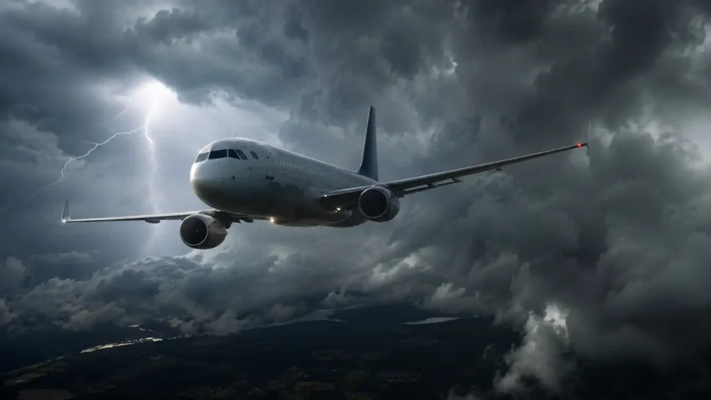 Avión comercial volando sobre nubes durante turbulencias — seguridad en aviación BCN Sim Center