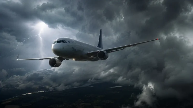 Avión comercial volando sobre nubes durante turbulencias — seguridad en aviación BCN Sim Center