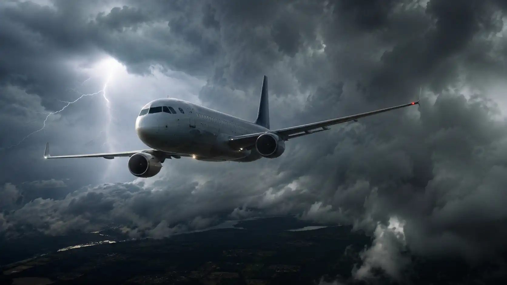 Avión comercial volando sobre nubes durante turbulencias — seguridad en aviación BCN Sim Center