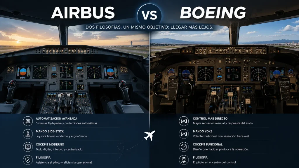 Comparativa entre cabina Airbus y Boeing mostrando las diferencias de diseño y filosofía de vuelo