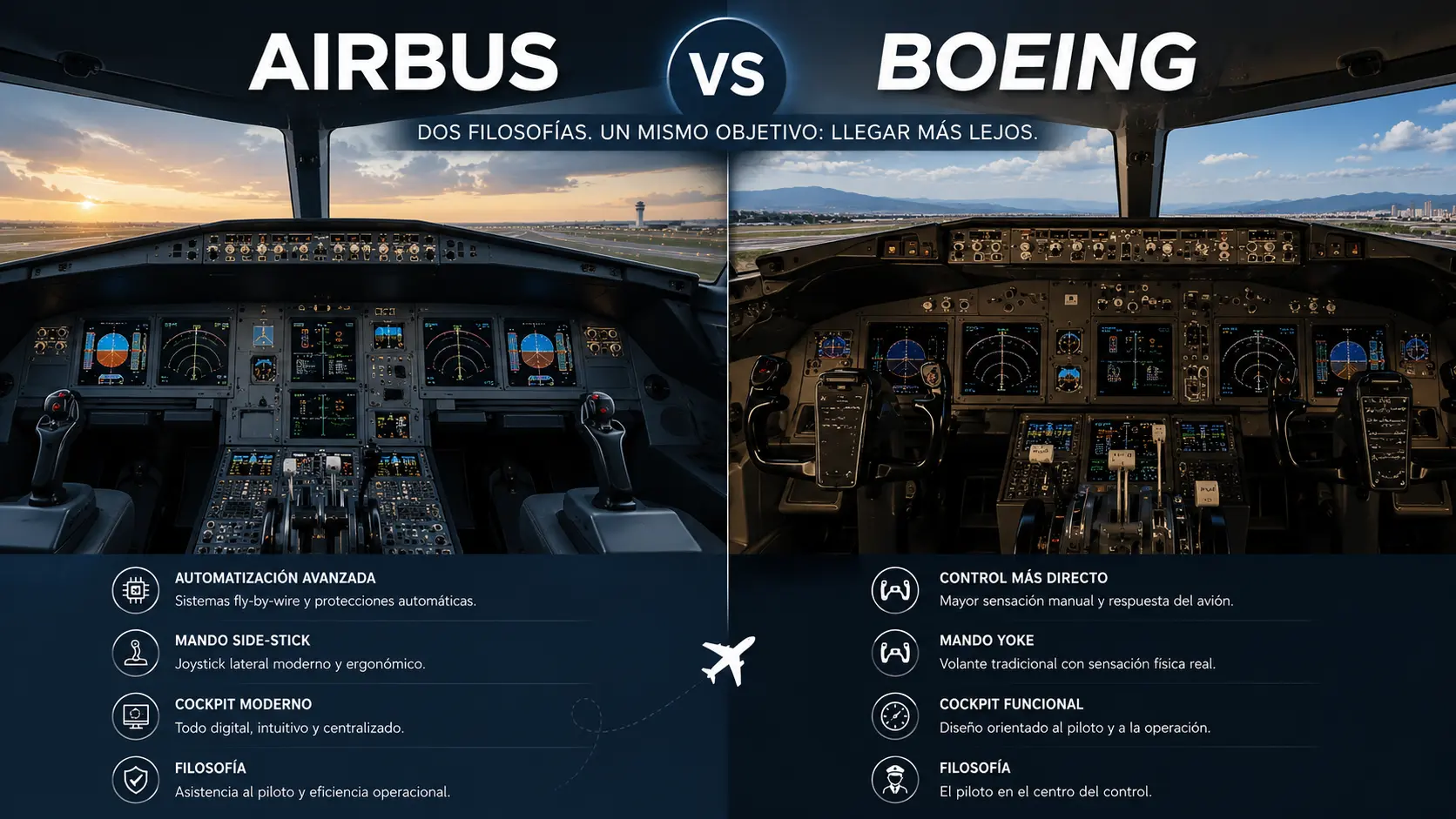 Comparativa entre cabina Airbus y Boeing mostrando las diferencias de diseño y filosofía de vuelo