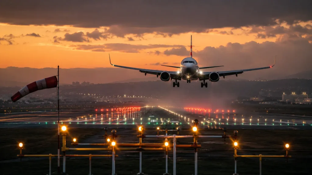 Avión comercial aterrizando con viento cruzado al atardecer
