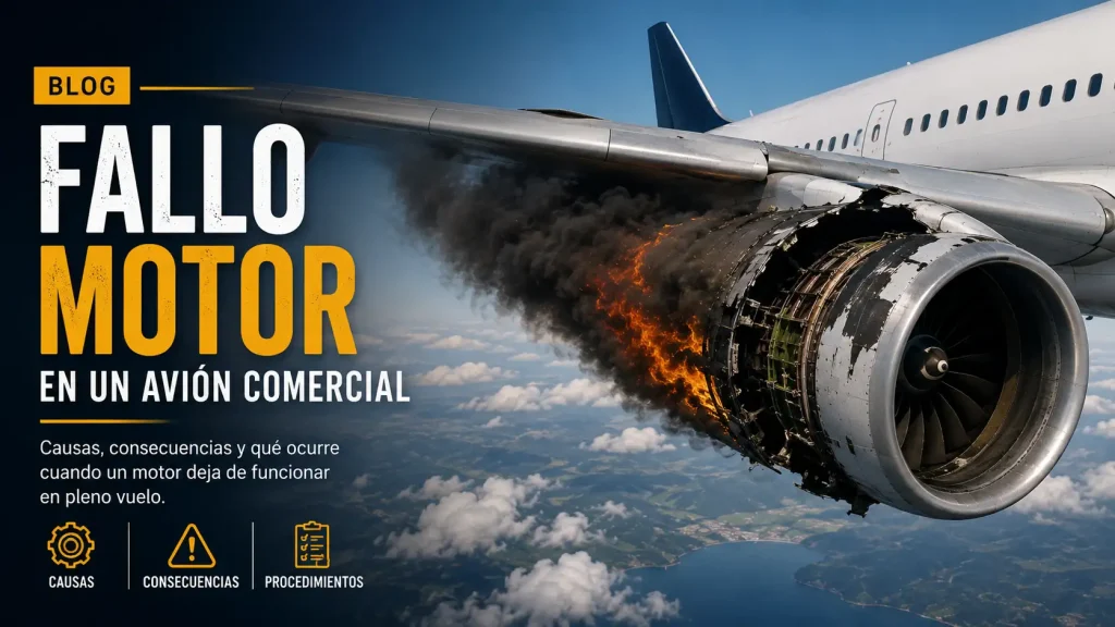 fallo-motor Blog cover: airplane engine on fire mid-flight with bold 'Fallo Motor' text and Spanish subtitle 'En un avión comercial' (causas, consecuencias, procedimientos).