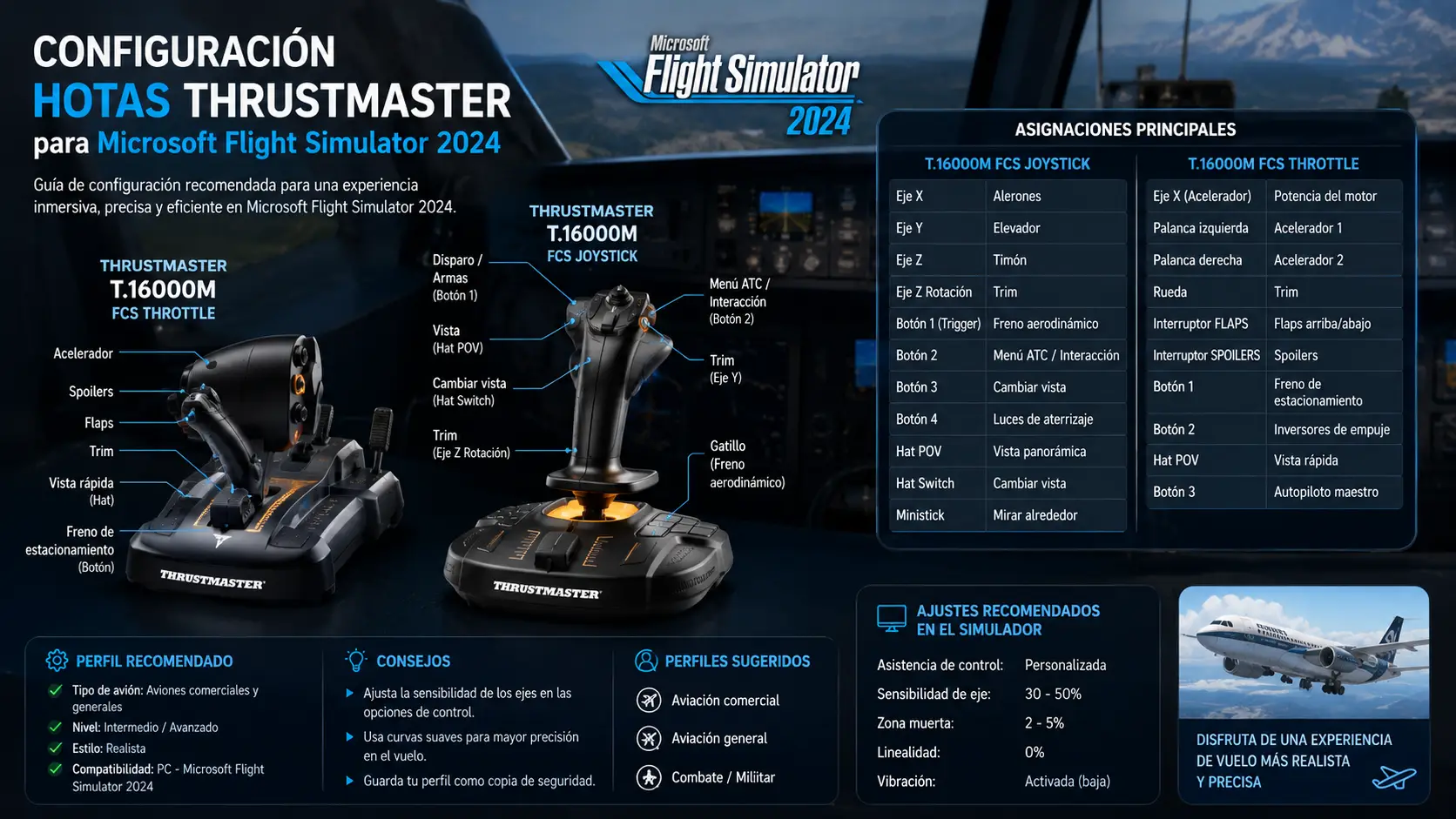 Infografía de configuración de HOTAS Thrustmaster para Microsoft Flight Simulator 2024, con dos controladores y tablas de asignaciones.