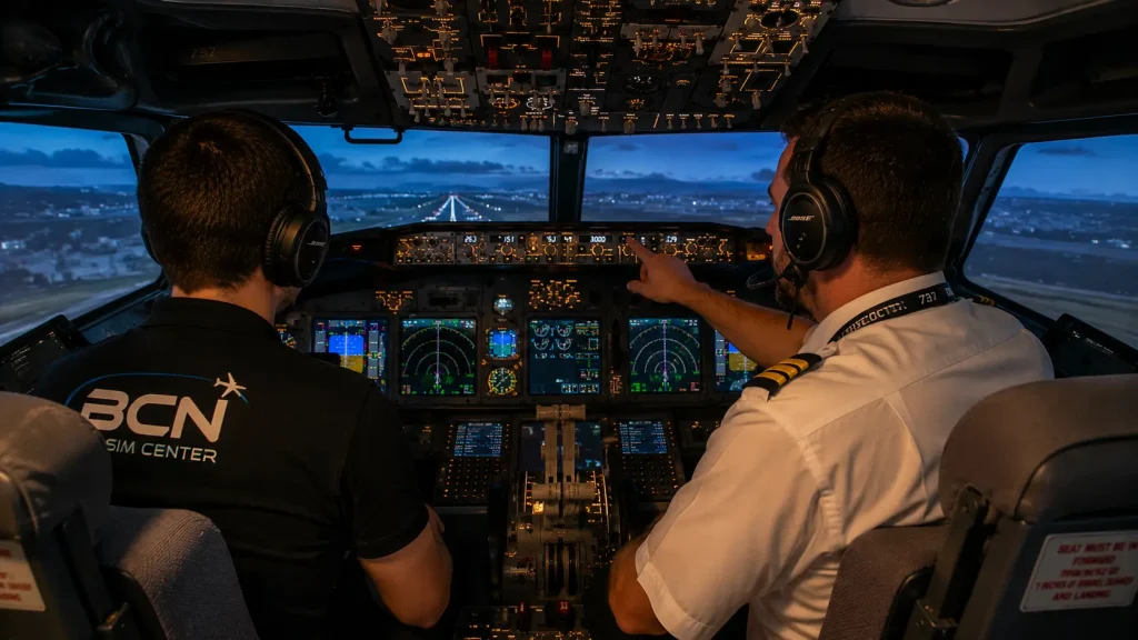 Instructor y alumno entrenando en un simulador profesional de Boeing 737