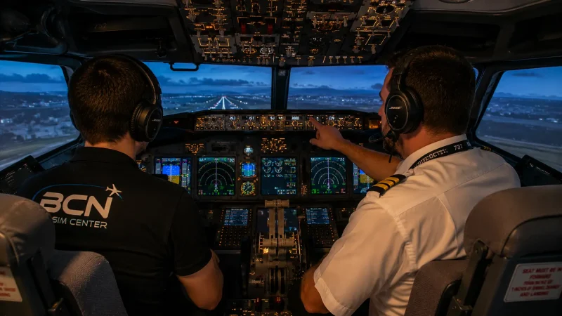 Instructor y alumno entrenando en un simulador profesional de Boeing 737
