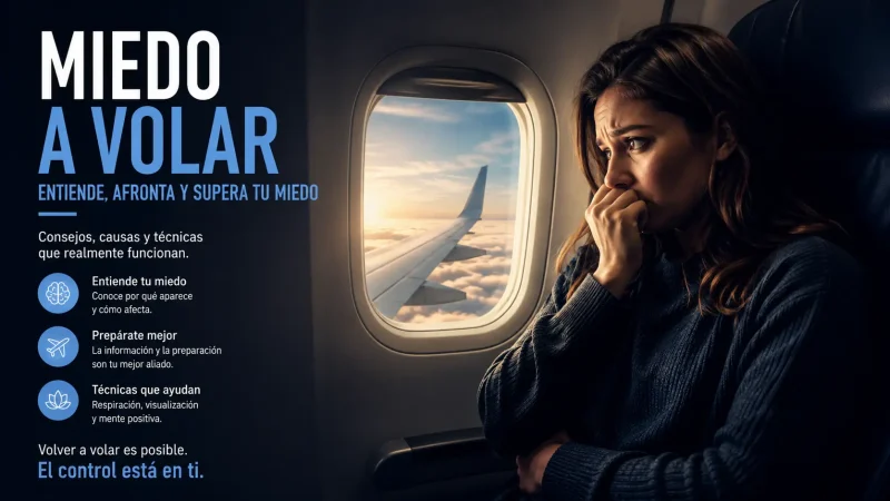 Pasajero nervioso en avión mirando por la ventanilla — miedo a volar aerofobia
