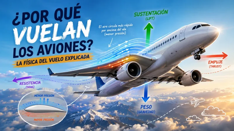 Avión comercial en vuelo mostrando las alas — física de la sustentación por qué vuelan los aviones