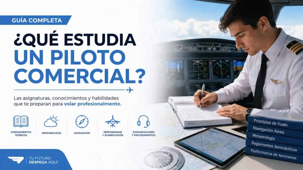Portada de guía educativa sobre ser piloto comercial: texto grande, piloto en cabina y cuaderno de notas con libros de aeronáutica al lado.