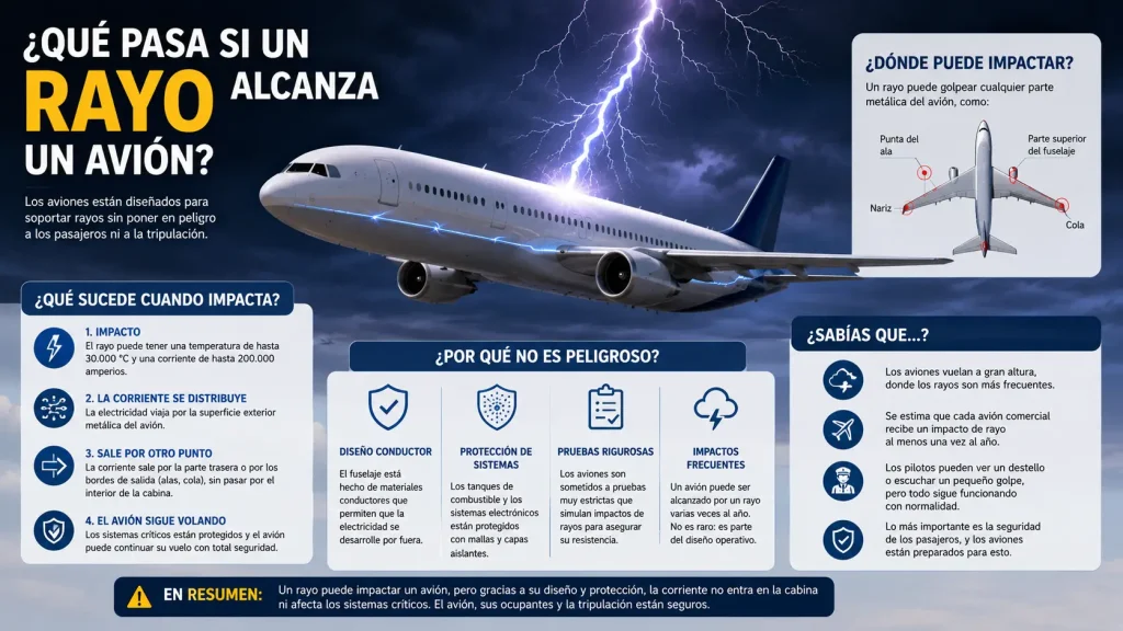 Rayo cerca de un avión comercial en vuelo nocturno — seguridad rayos aviación