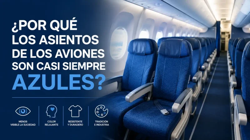 Fila de asientos azules en interior de avión comercial — por qué los asientos de los aviones son azules — BCN Sim Center