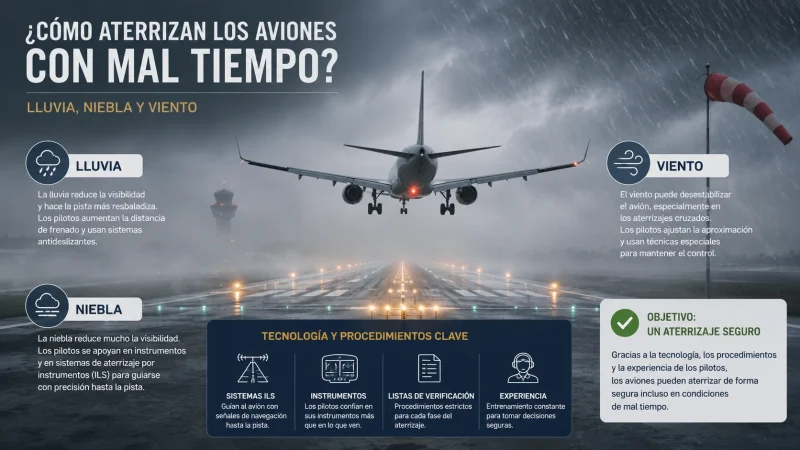 Avión comercial aterrizando con niebla y lluvia — cómo aterrizan los aviones con mal tiempo