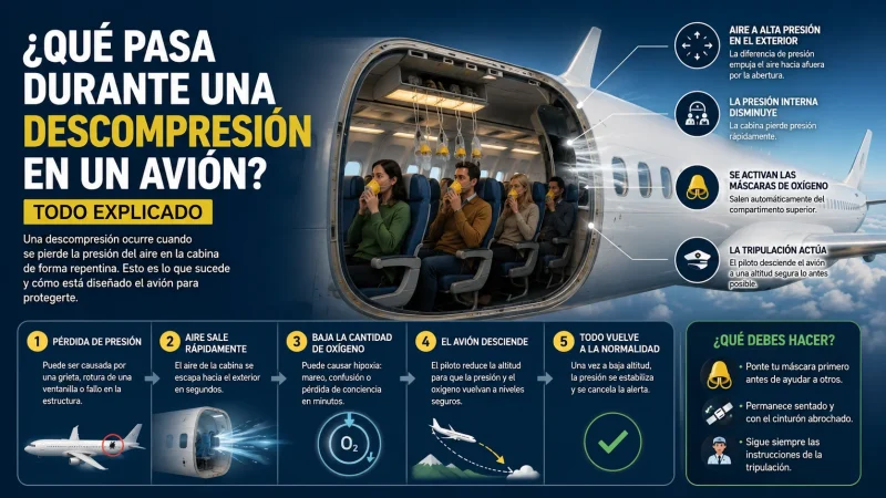 Máscaras de oxígeno cayendo en cabina de avión — descompresión emergencia presurización