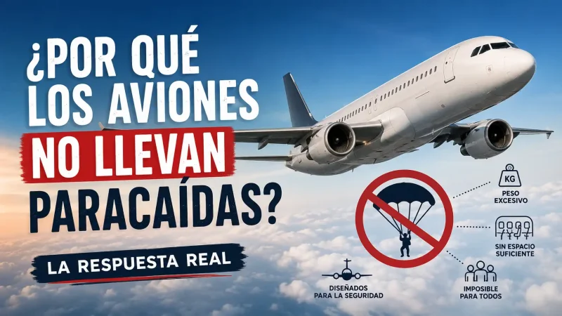 Avión comercial con símbolo de prohibición de paracaídas — paracaídas en aviones por qué no los llevan | BCN Sim Center