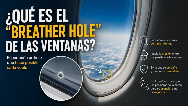 Detalle del pequeño orificio o breather hole en la ventanilla de un avión comercial — agujero ventana avión para qué sirve — BCN Sim Center