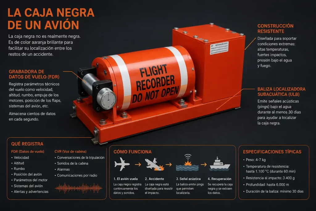 Caja negra de avión color naranja sobre fondo oscuro — FDR y CVR aviación comercial | BCN Sim Center