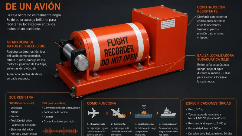 Caja negra de avión color naranja sobre fondo oscuro — FDR y CVR aviación comercial | BCN Sim Center