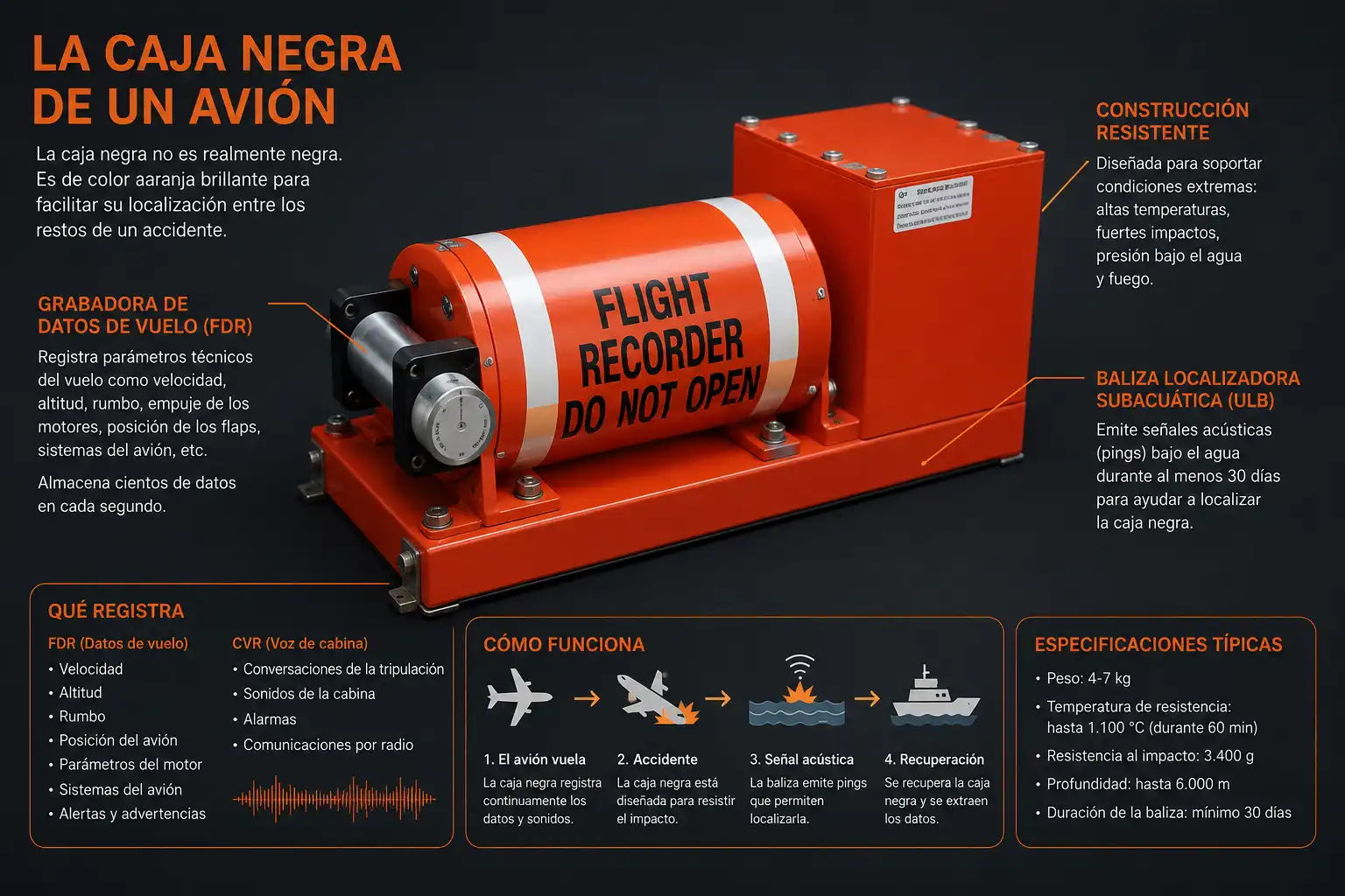 Caja negra de avión color naranja sobre fondo oscuro — FDR y CVR aviación comercial | BCN Sim Center