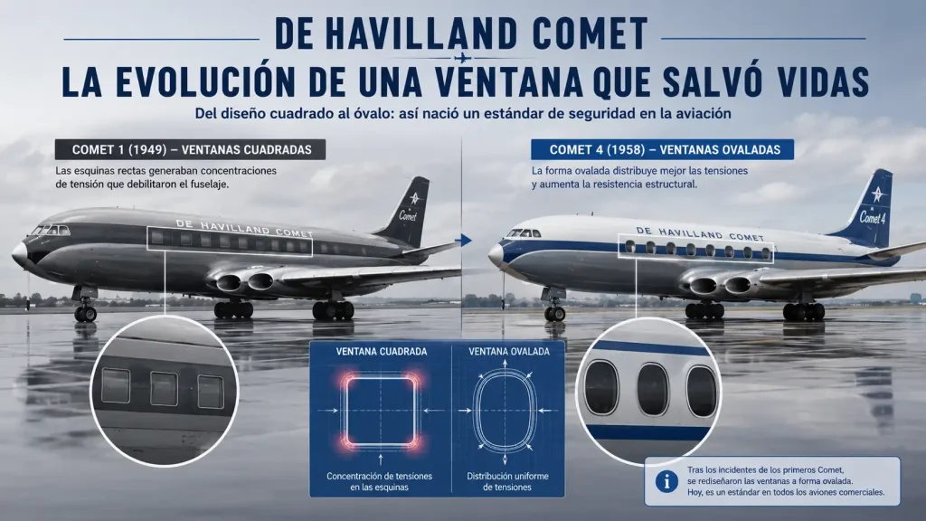 Comparación entre ventanas cuadradas del De Havilland Comet original y ventanas ovaladas del rediseño — por qué las ventanas de los aviones son ovaladas — BCN Sim Center
