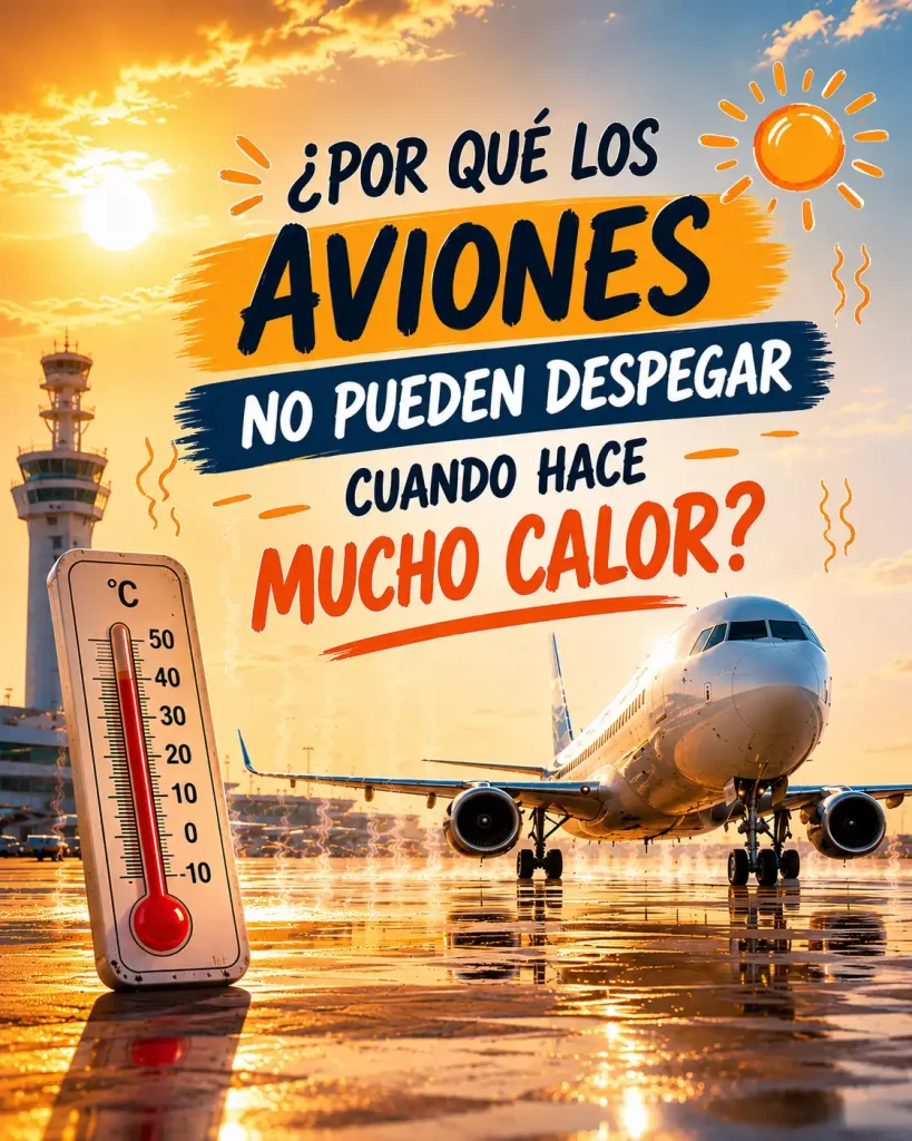 Avión comercial en pista con calor extremo y distorsión térmica — temperatura despegue