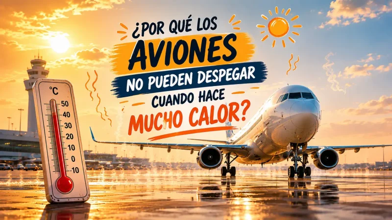 Avión comercial en pista con calor extremo y distorsión térmica — temperatura despegue