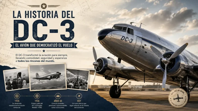 Douglas DC-3 en vuelo sobre paisaje americano años 40 — historia del DC-3 avión que democratizó el vuelo comercial — BCN Sim Center