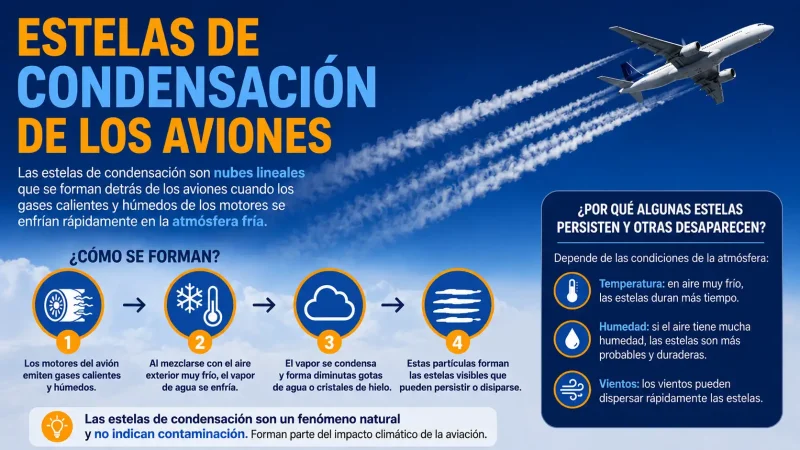 Avión comercial dejando estela de condensación en cielo azul — cómo se forman las contrails