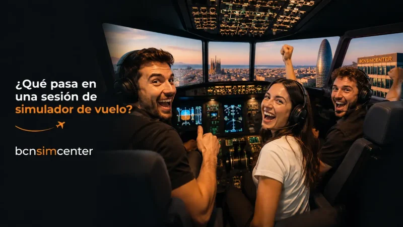 Tres personas disfrutando de una sesión de simulador de vuelo en BCN Sim Center Barcelona — experiencia simulador Boeing 737