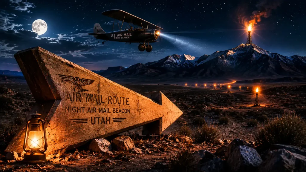 Flecha de hormigón gigante en el desierto de Utah apuntando la ruta del correo aéreo nocturno — faros correo aéreo nocturno EE.UU. años 20 — BCN Sim Center