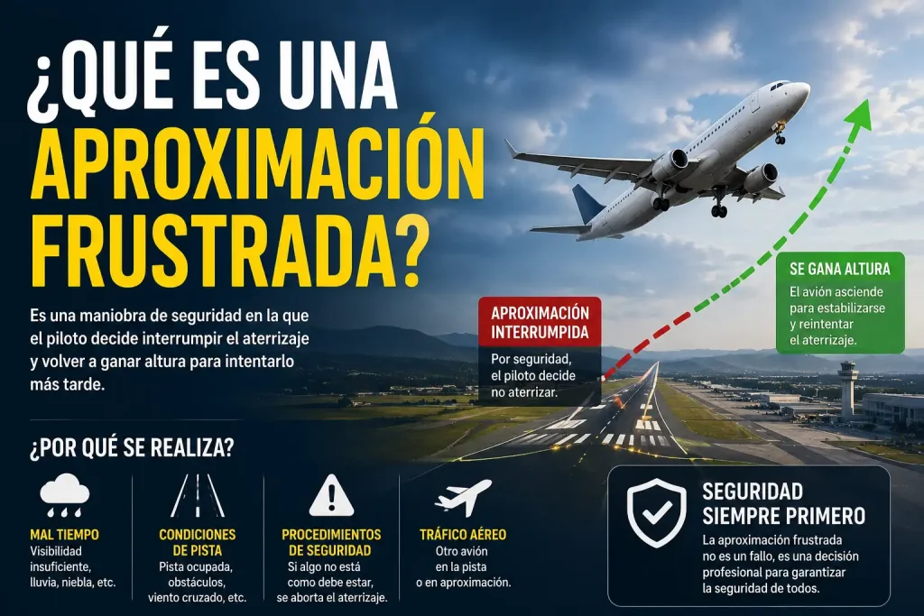 Avión comercial ascendiendo con potencia máxima tras abortar el aterrizaje — aproximación frustrada go-around procedimiento seguro — BCN Sim Center