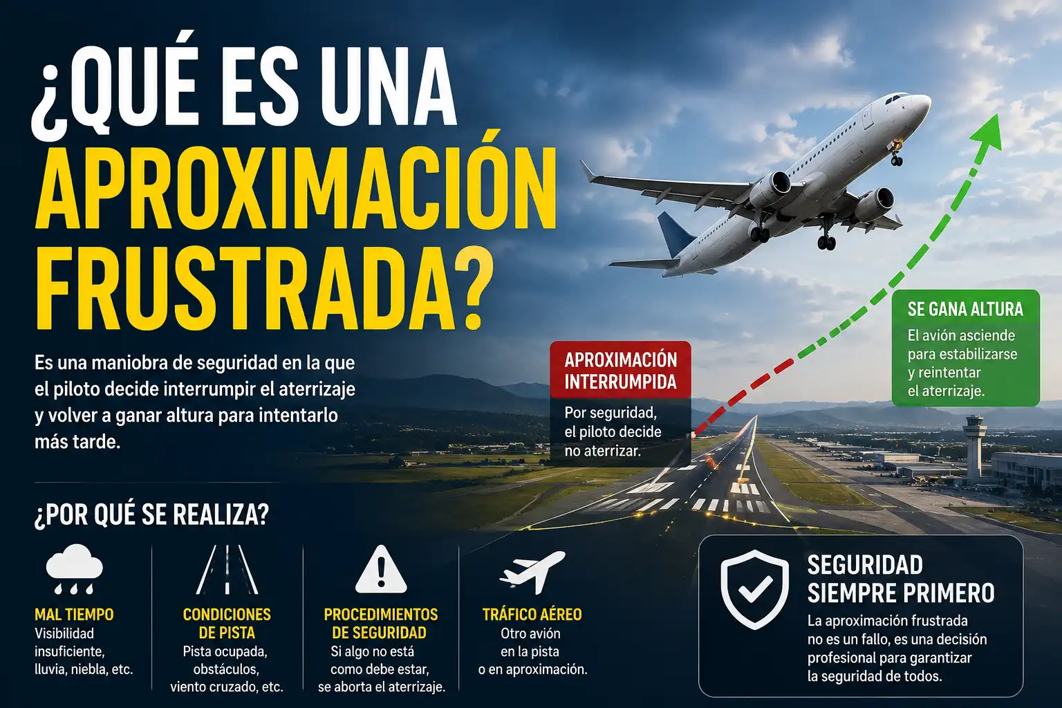 Avión comercial ascendiendo con potencia máxima tras abortar el aterrizaje — aproximación frustrada go-around procedimiento seguro — BCN Sim Center