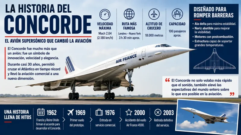 Avión Concorde supersónico en pleno vuelo con su característico morro puntiagudo — historia del Concorde avión supersónico — BCN Sim Center