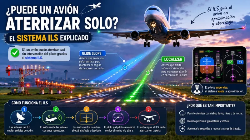 Infografía educativa sobre el sistema ILS: guía de aterrizaje sin intervención del piloto. — BCN Sim Center