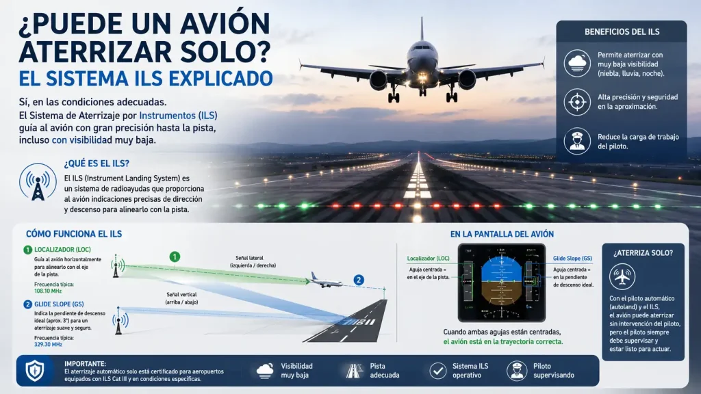 Avión comercial en aproximación ILS con niebla — sistema ILS aterrizaje automático — BCN Sim Center