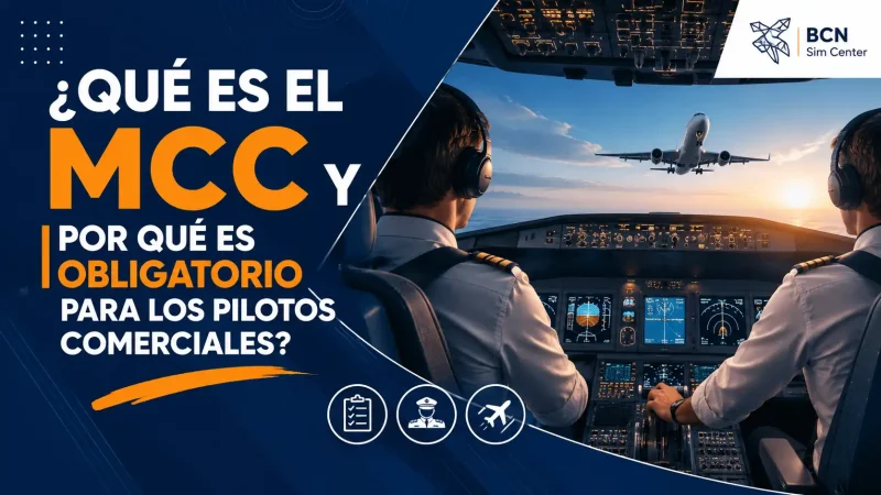 Dos pilotos coordinándose en cabina de avión comercial — qué es el MCC Multi Crew Cooperation piloto — BCN Sim Center