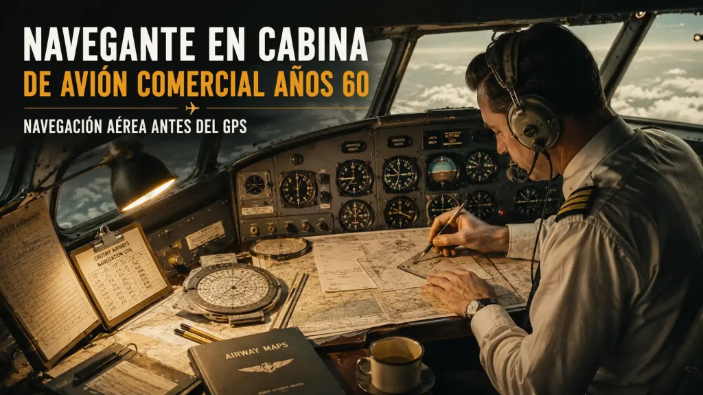 Navegante en cabina de avión comercial años 60 con cartas de navegación y instrumentos analógicos — navegación aérea antes del GPS — BCN Sim Center