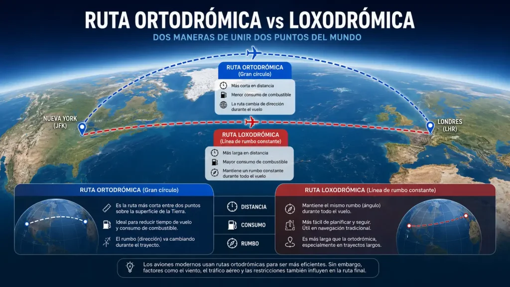 Comparativa ruta ortodrómica y loxodrómica en mapa — por qué los aviones no vuelan en línea recta