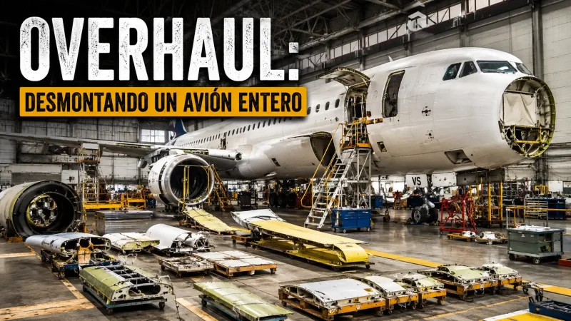 Avión comercial completamente desmontado en hangar de mantenimiento durante un D-check — overhaul avión MRO mantenimiento aeronáutico — BCN Sim Center
