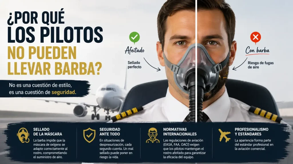 Piloto comercial con mascara de oxígeno en cabina de avión — por qué los pilotos no pueden llevar barba máscara oxígeno — BCN Sim Center