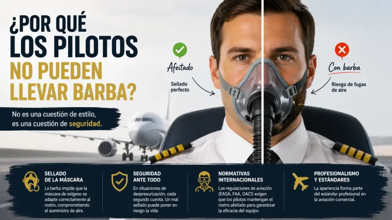 Piloto comercial con mascara de oxígeno en cabina de avión — por qué los pilotos no pueden llevar barba máscara oxígeno — BCN Sim Center