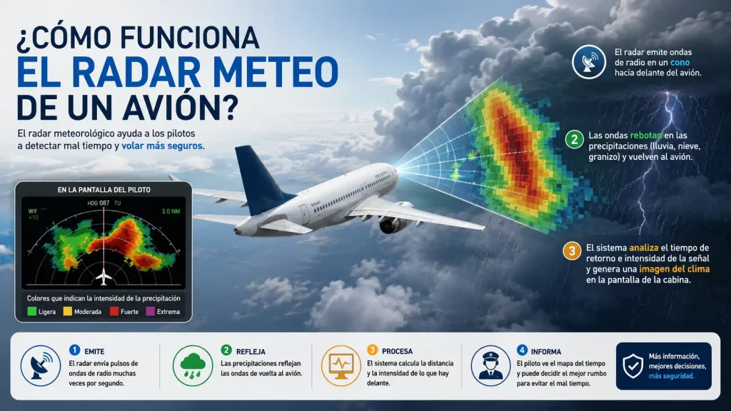 radar-meteo-avion Pantalla de radar meteorológico en cabina de avión comercial mostrando tormenta — radar meteorológico de un avión — BCN Sim Center
