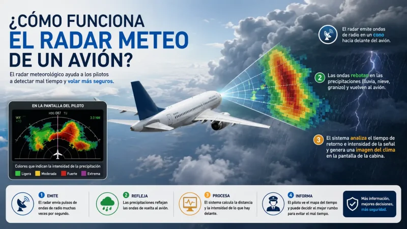 Pantalla de radar meteorológico en cabina de avión comercial mostrando tormenta — radar meteorológico de un avión — BCN Sim Center