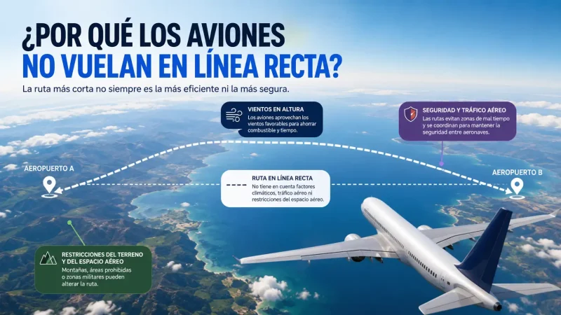 Mapa con ruta curva de avión entre continentes — por qué los aviones no vuelan en línea recta