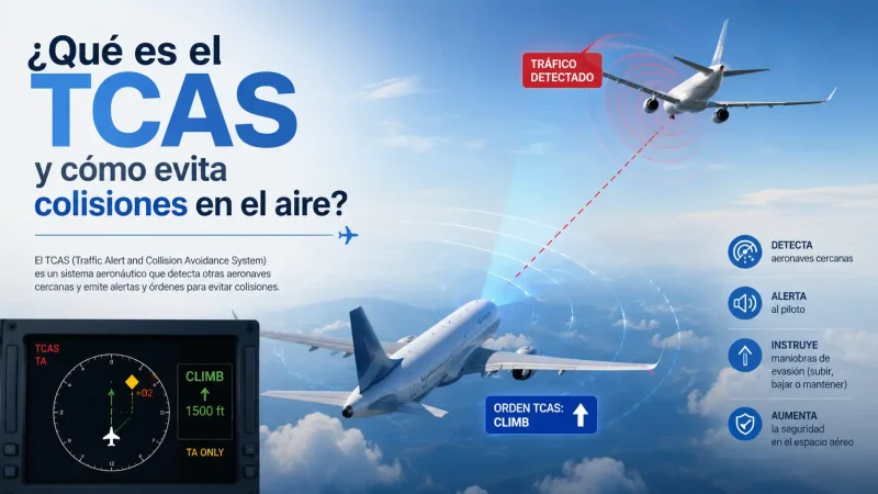 Pantalla TCAS en cabina avión comercial — sistema anticolisión aviación