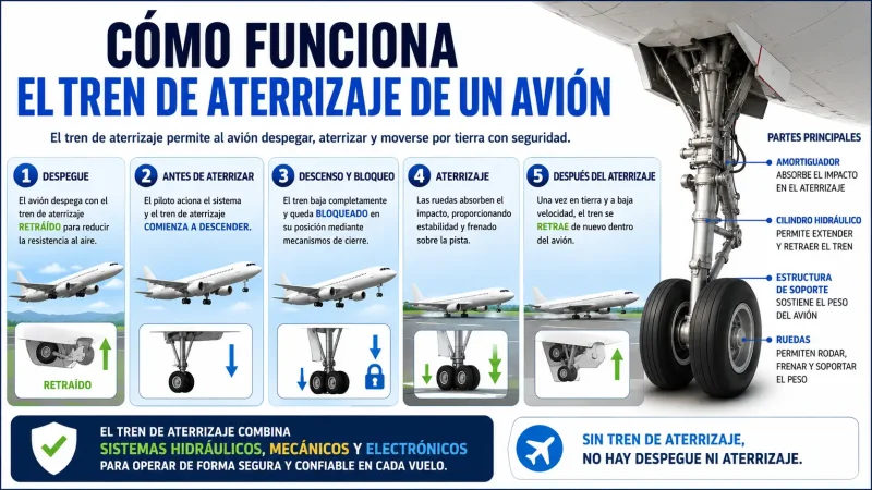 Tren de aterrizaje de avión comercial desplegado en aproximación — tipos y funcionamiento — BCN Sim Center